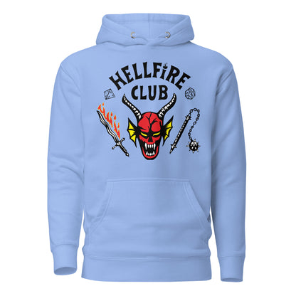 Carolina Blue hoodie, front view with Hellfire Club lettering and a red horned-face graphic.