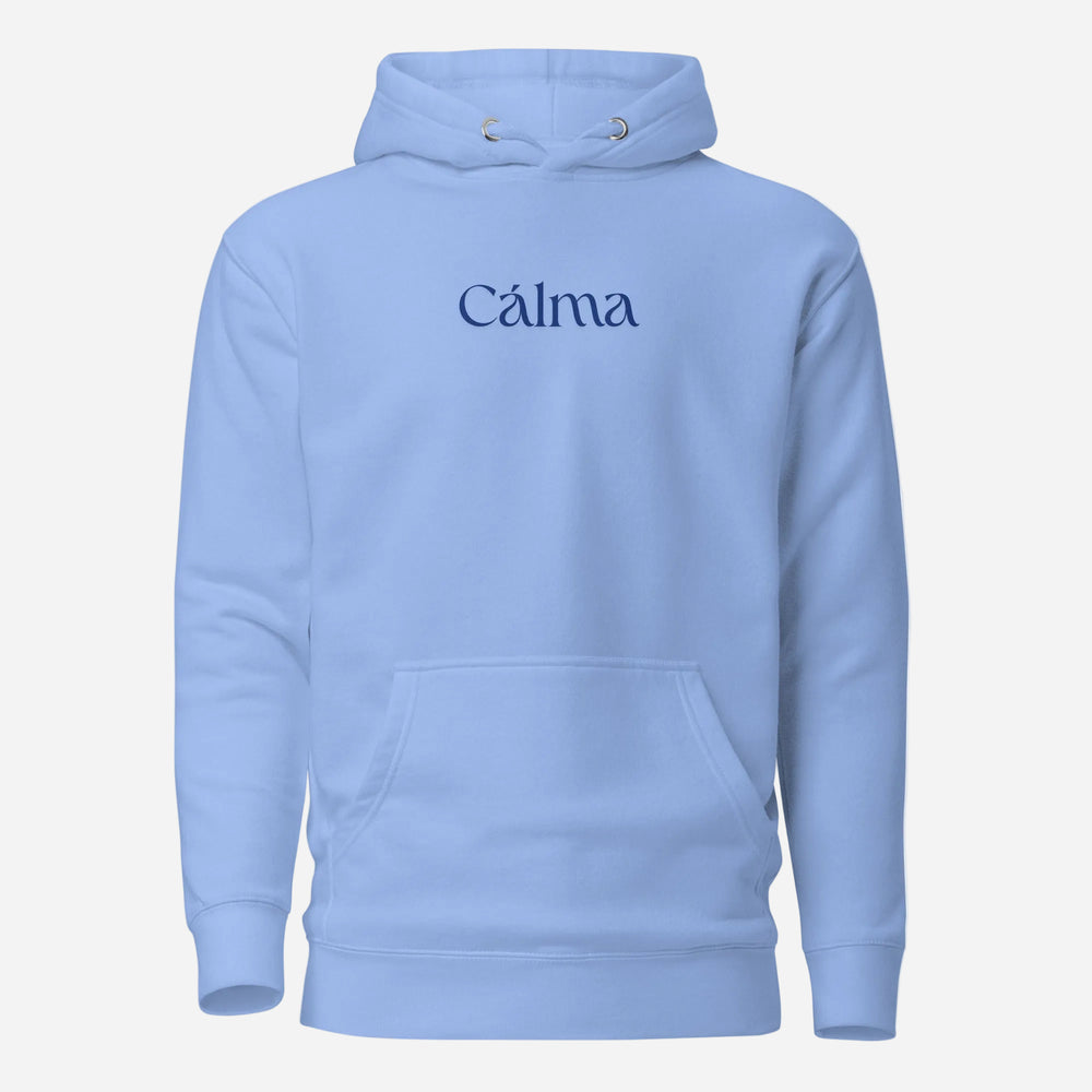 Carolina Blue hoodie with blue Calma lettering, front view.