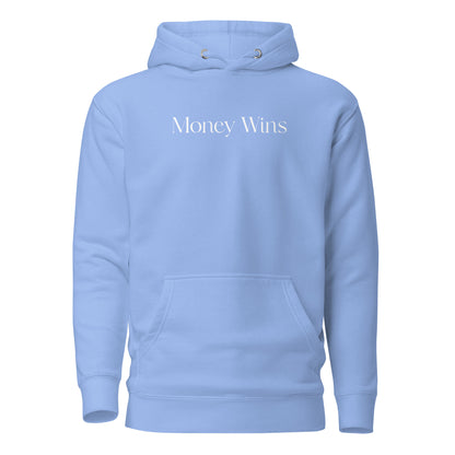 Carolina Blue hoodie with white Money Wins lettering, front view.