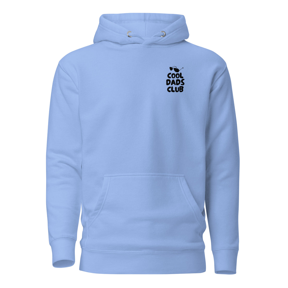 Carolina Blue hoodie with small black Cool Dads Club chest lettering, front view.