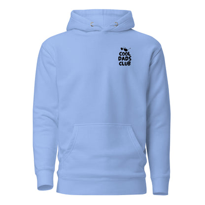 Carolina Blue hoodie with small black Cool Dads Club chest lettering, front view.
