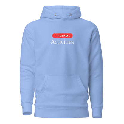 Carolina Blue hoodie with white Tylenol Activities lettering and a red capsule shape, front view.