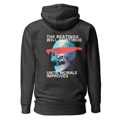Charcoal Heather hoodie with a blue skull, red bar and The Beatings Will Continue text, back view.