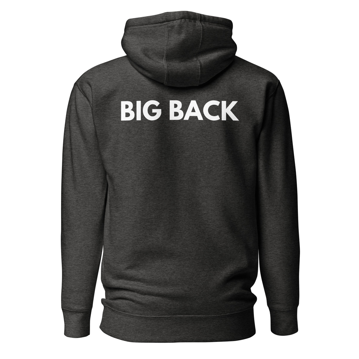 Charcoal Heather hoodie with white Big Back lettering, back view.