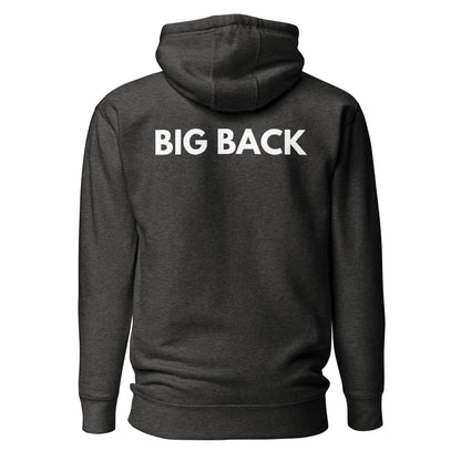 Charcoal Heather hoodie with white Big Back lettering, back view.