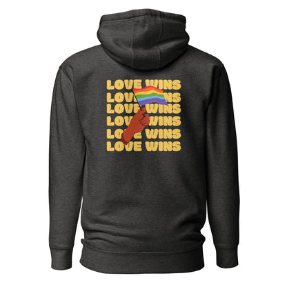 Charcoal Heather hoodie, back view with a hand waving a rainbow flag over yellow "Love Wins" lettering.