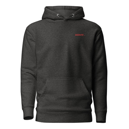 Charcoal Heather hoodie with small red amor chest lettering, front view.