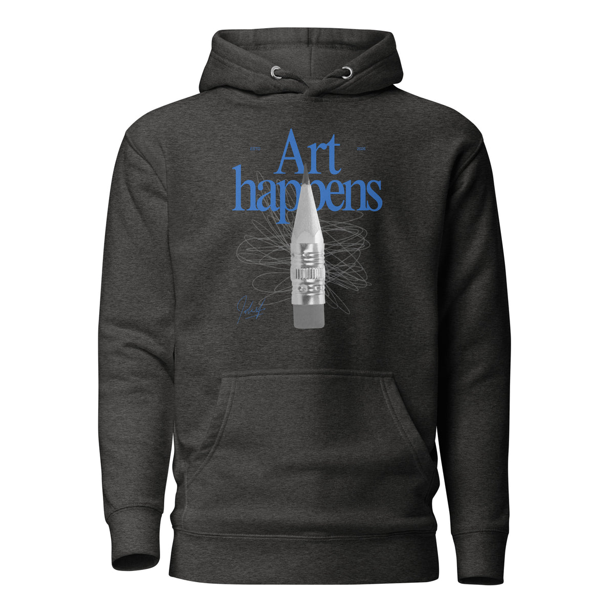 Charcoal Heather hoodie, front view with blue "Art Happens" lettering, a pencil and scribbled lines.