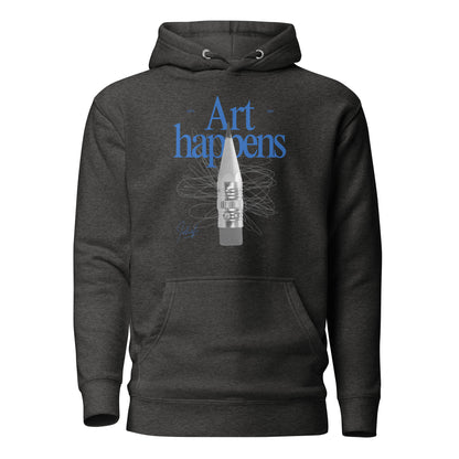Charcoal Heather hoodie, front view with blue "Art Happens" lettering, a pencil and scribbled lines.