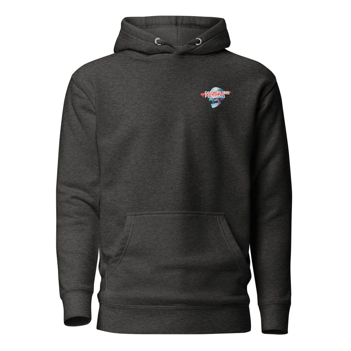 Charcoal Heather hoodie with a small blue skull graphic with red bar, front view.
