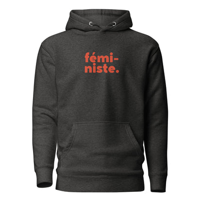 Charcoal Heather hoodie, front view, with red stacked 'fémi-niste.' lettering.