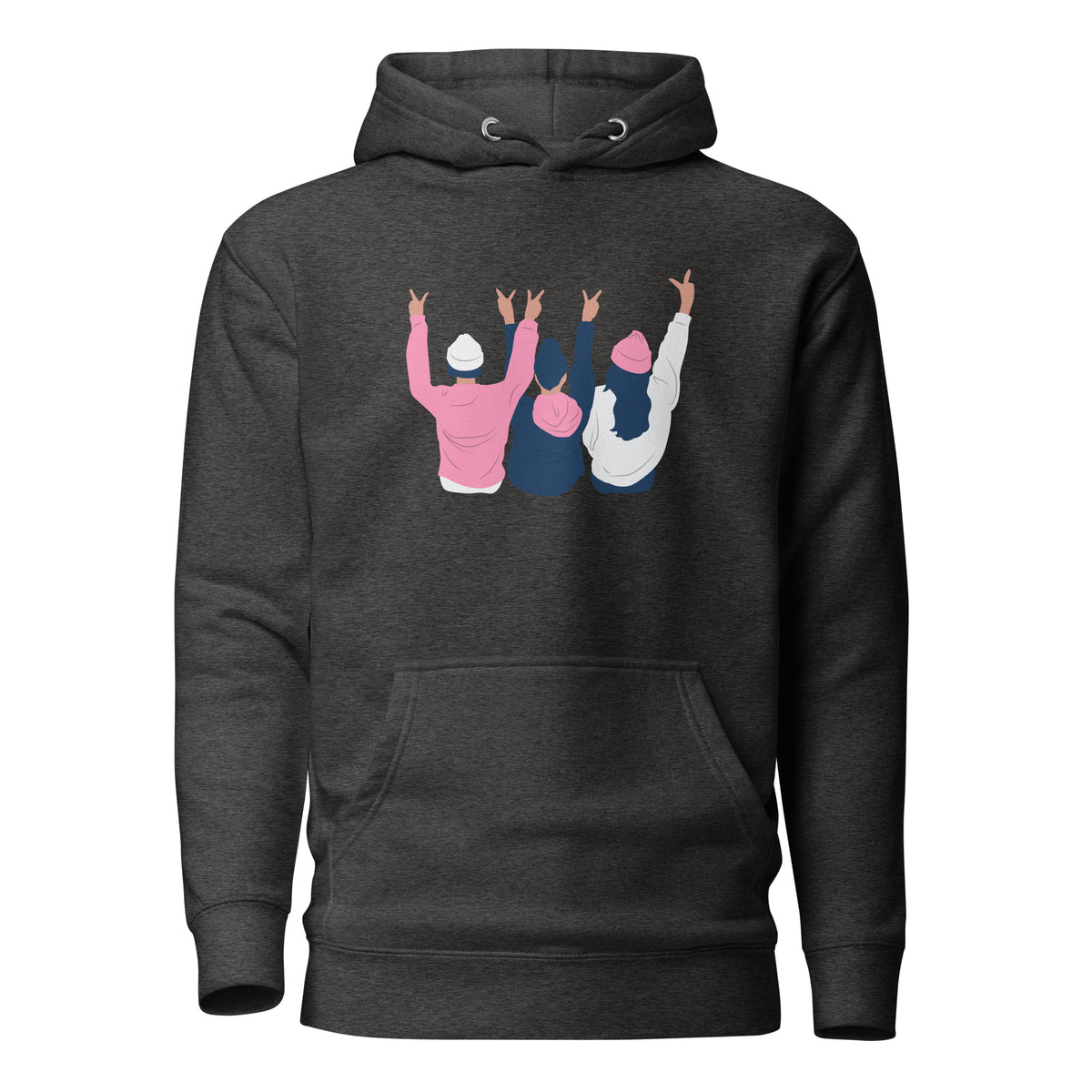 Charcoal Heather hoodie, front view with an illustration of three figures raising peace signs.