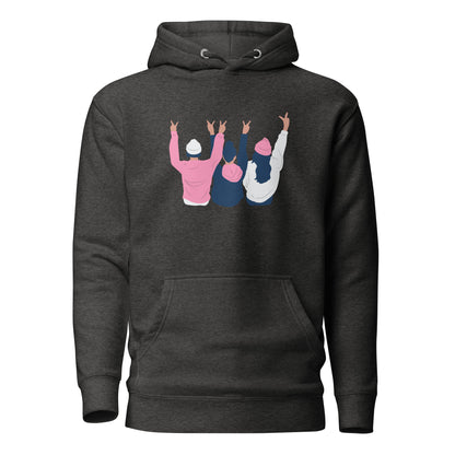 Charcoal Heather hoodie, front view with an illustration of three figures raising peace signs.