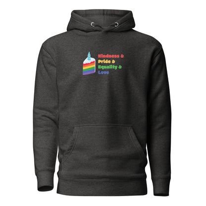 Charcoal Heather hoodie, front view with a rainbow graphic and colorful "Kindness & Pride & Equality & Love" lettering.