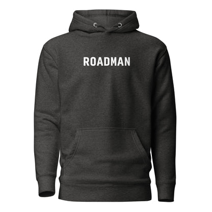 Charcoal Heather hoodie, front view with white "ROADMAN" lettering.
