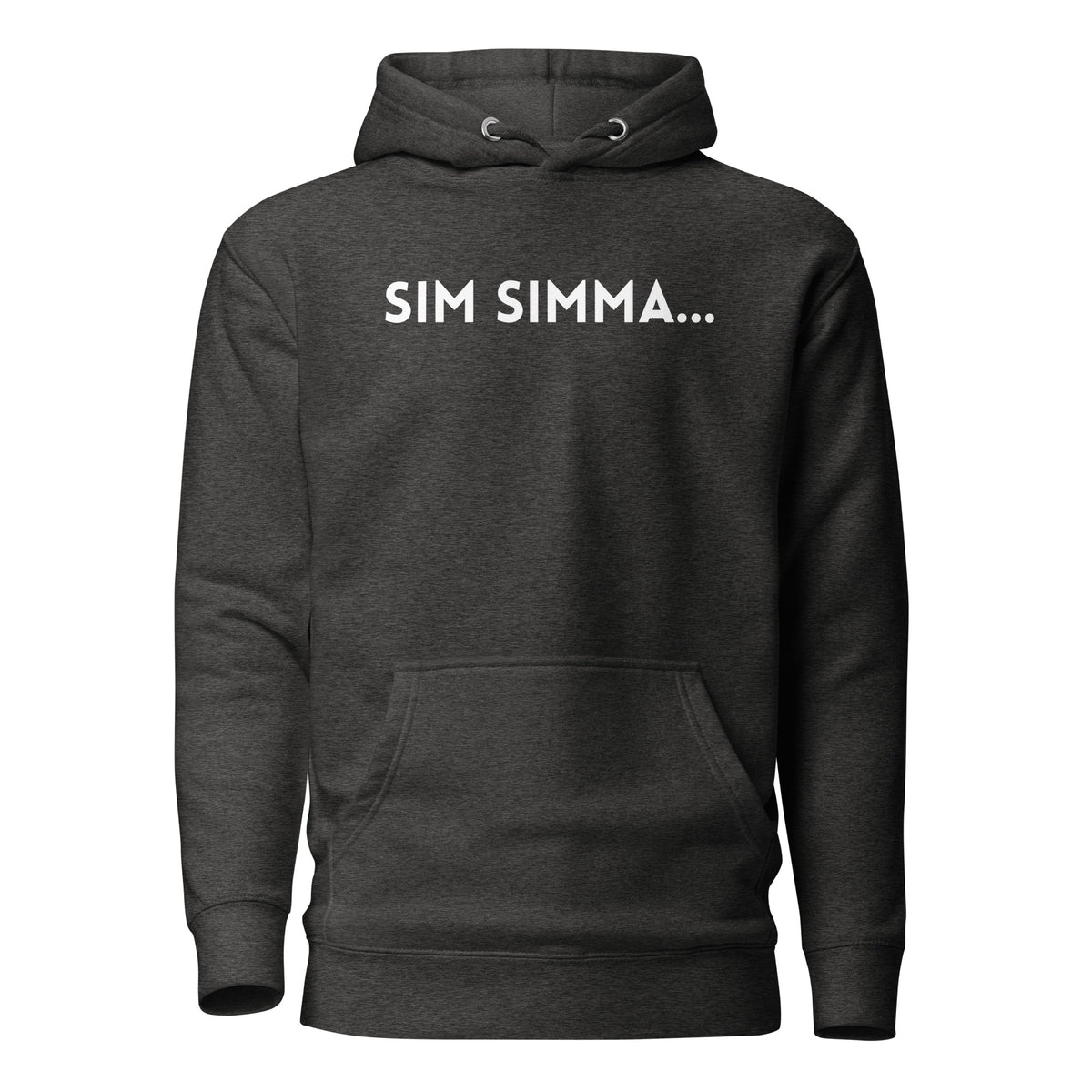 Charcoal Heather hoodie, front view, with white 'SIM SIMMA...' lettering.