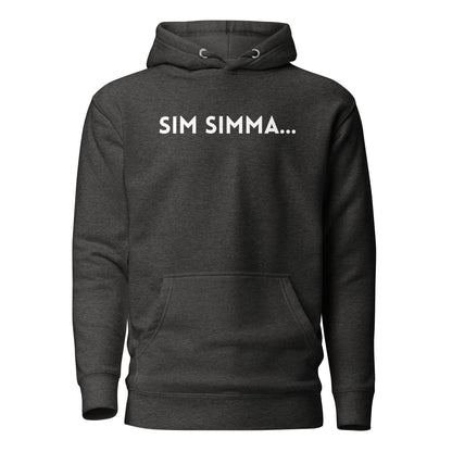 Charcoal Heather hoodie, front view, with white 'SIM SIMMA...' lettering.