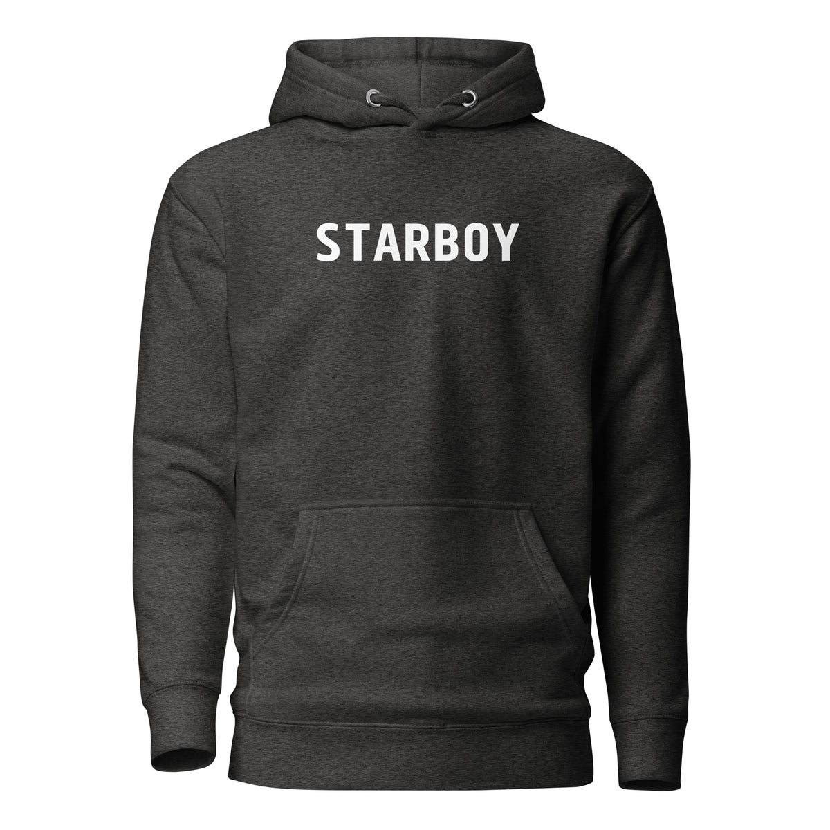 Charcoal Heather hoodie, front view, with white 'STARBOY' lettering.