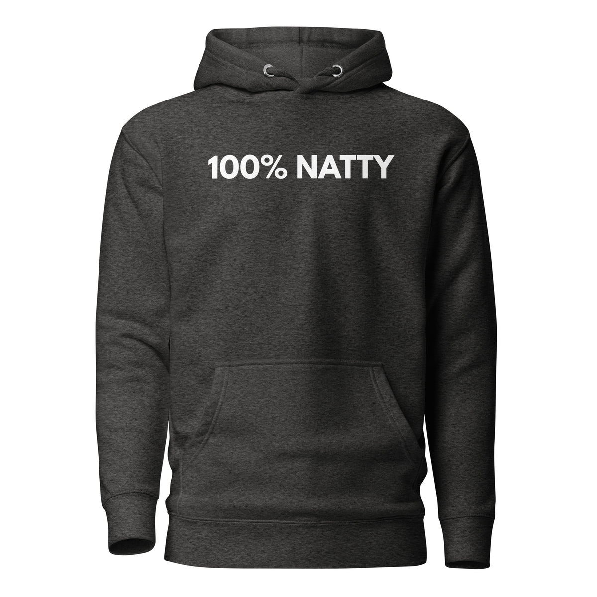 Charcoal Heather hoodie with white 100% Natty lettering, front view.
