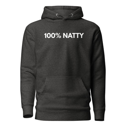 Charcoal Heather hoodie with white 100% Natty lettering, front view.