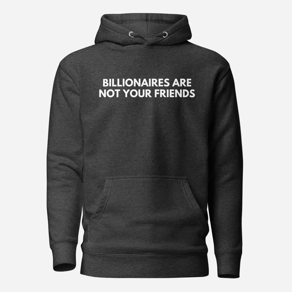 Charcoal Heather hoodie, front view with white Billionaires Are Not Your Friends lettering.