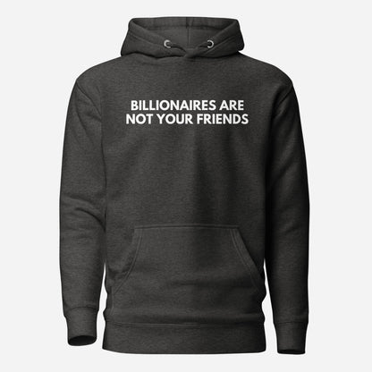 Charcoal Heather hoodie, front view with white Billionaires Are Not Your Friends lettering.