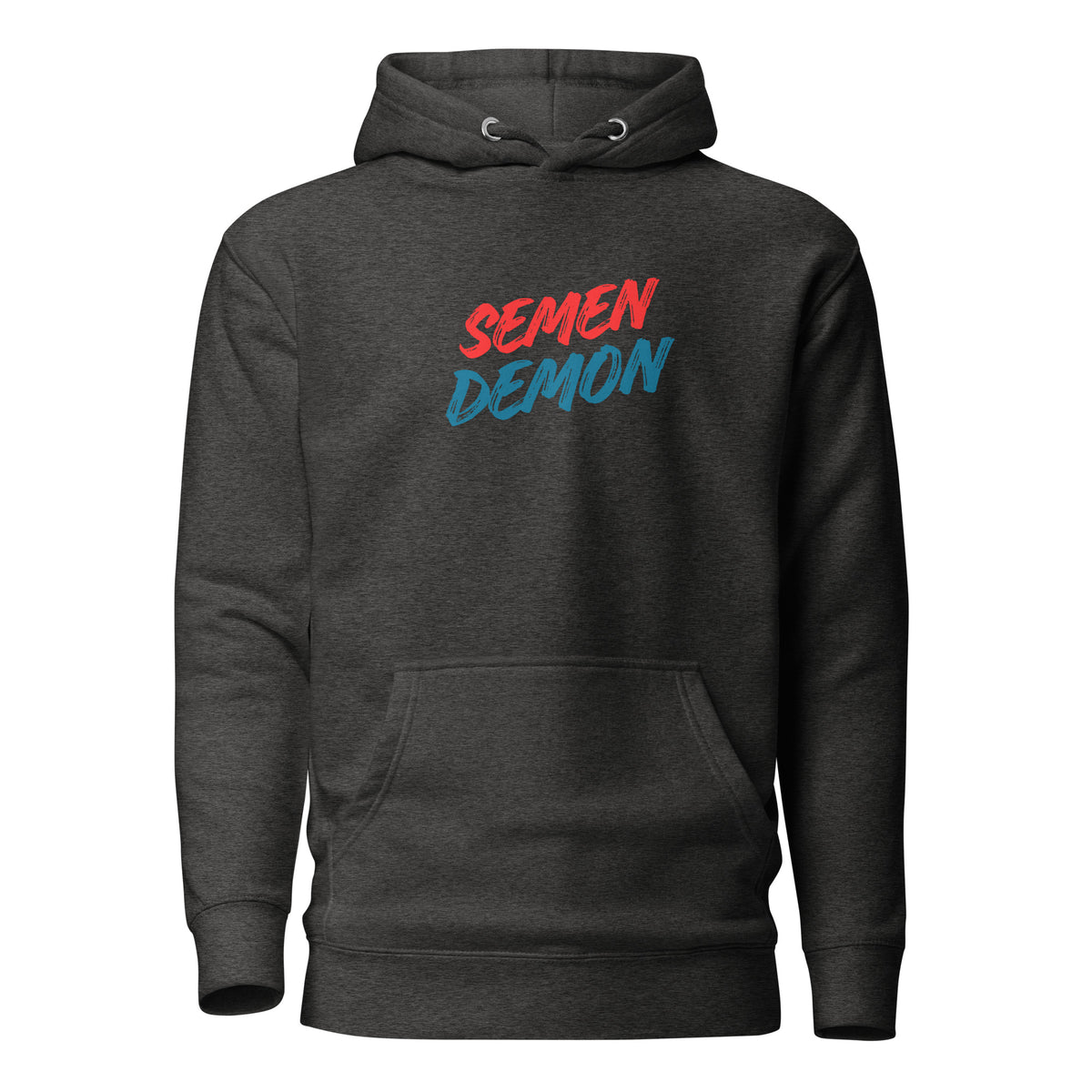 Charcoal Heather hoodie with red and blue Semen Demon lettering, front view.