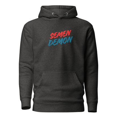 Charcoal Heather hoodie with red and blue Semen Demon lettering, front view.