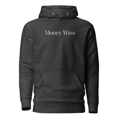 Charcoal Heather hoodie with white Money Wins lettering, front view.