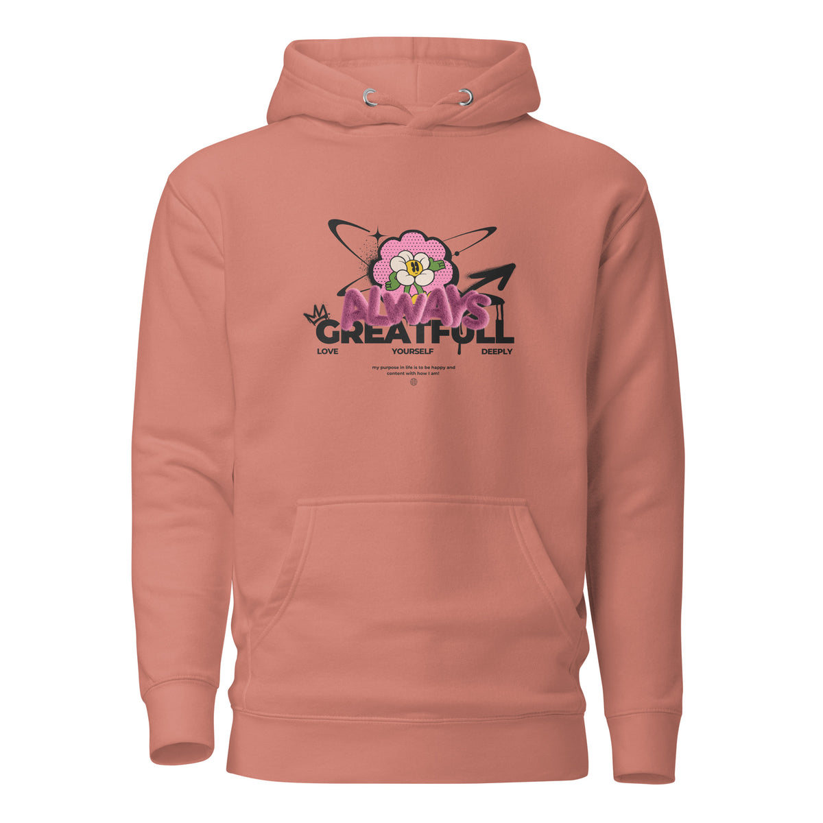 Dusty Rose hoodie, front view, with a smiling pink flower and 'Always Grateful' lettering.