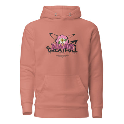 Dusty Rose hoodie, front view, with a smiling pink flower and 'Always Grateful' lettering.