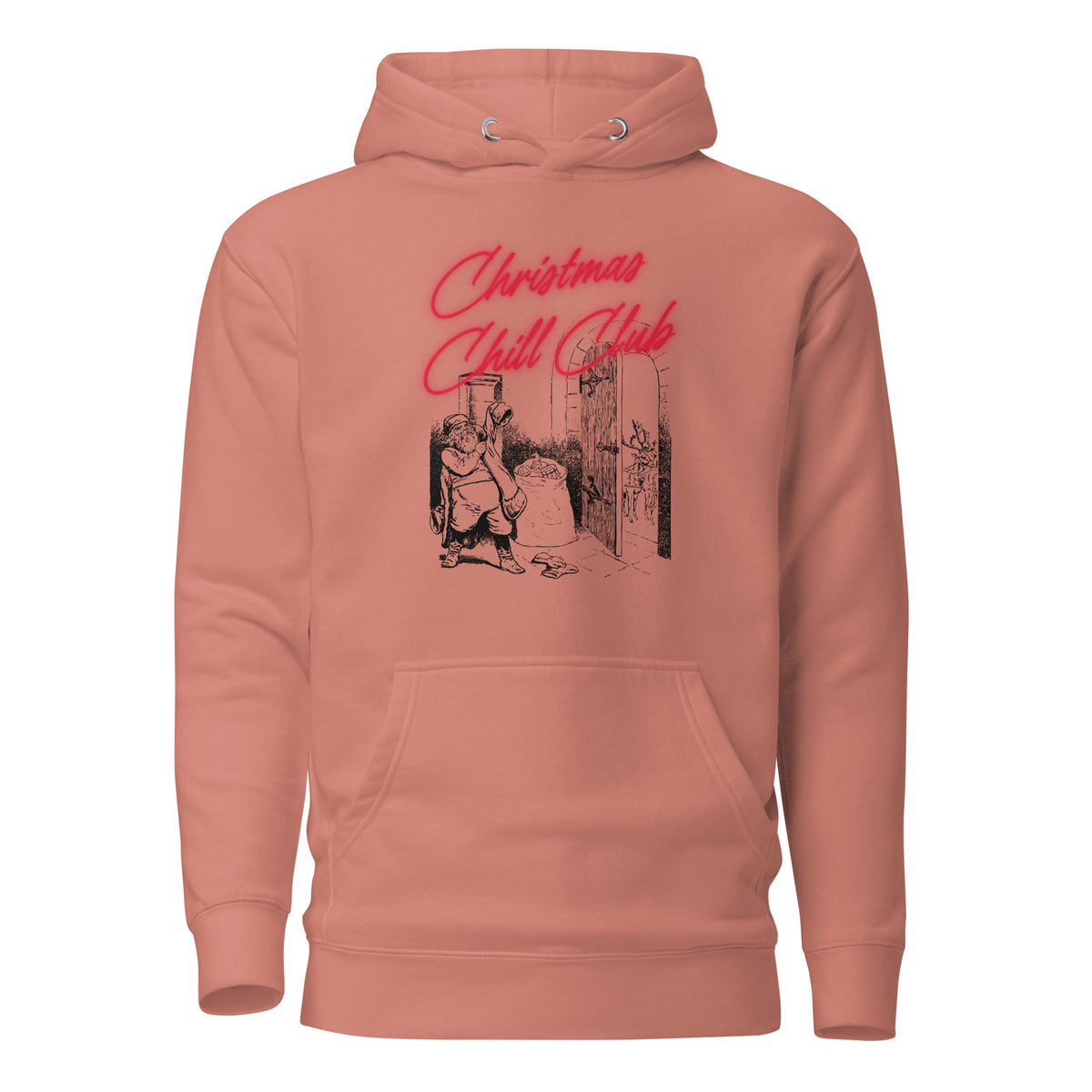Dusty Rose hoodie, front view with a black-and-white Santa illustration and red "Christmas Chill Club" script.