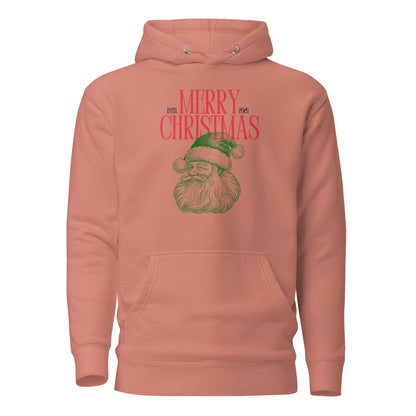 Dusty Rose hoodie with red Merry Christmas 2025 text and green Santa face, front view.