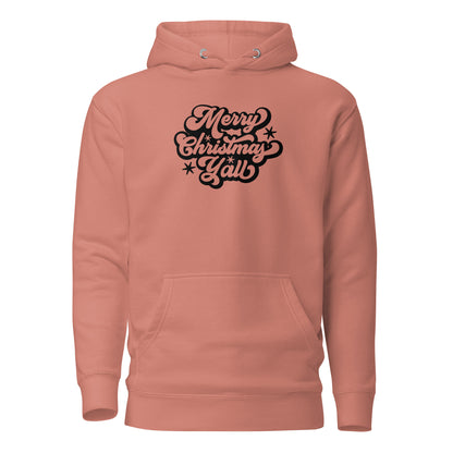 Dusty Rose hoodie with black Merry Christmas Y'all script lettering, front view.