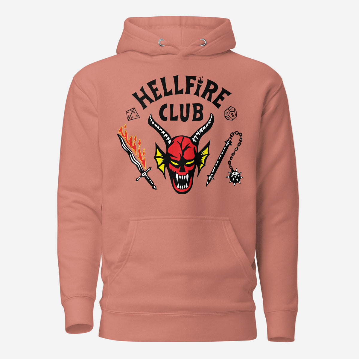 Dusty Rose hoodie, front view with Hellfire Club lettering and a red horned-face graphic.