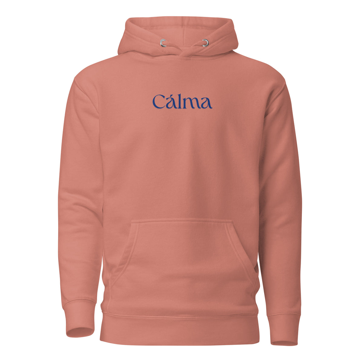 Dusty Rose hoodie with blue Calma lettering, front view.