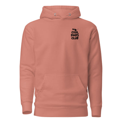Dusty Rose hoodie with small black Cool Dads Club chest lettering, front view.