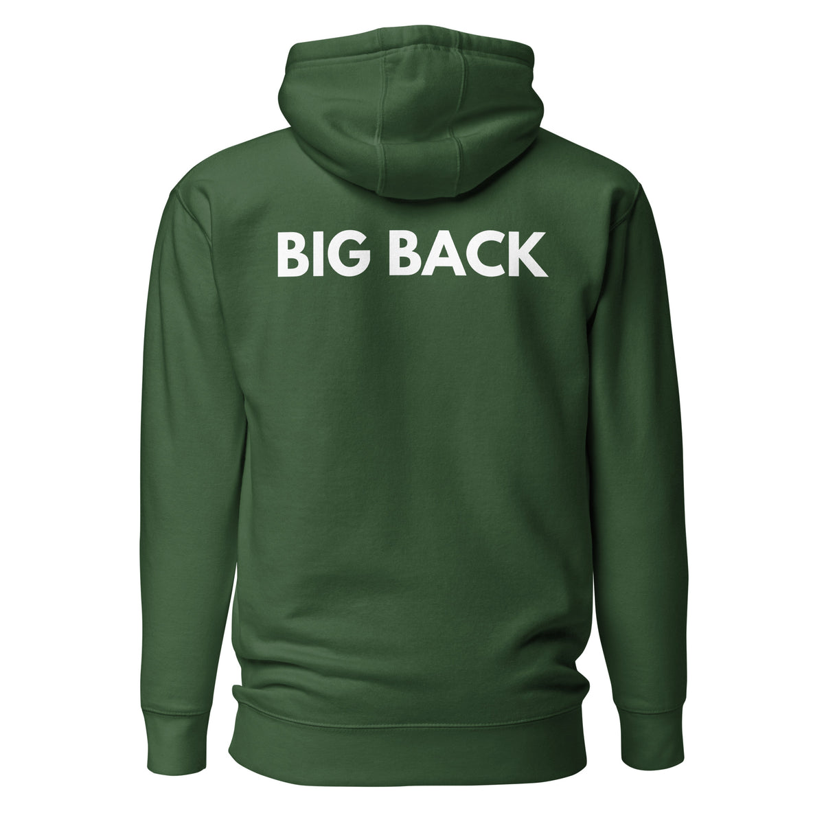 Forest Green hoodie with white Big Back lettering, back view.