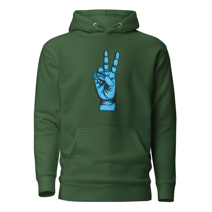 Forest Green hoodie, front view, with an illustrated blue hand making a peace sign.