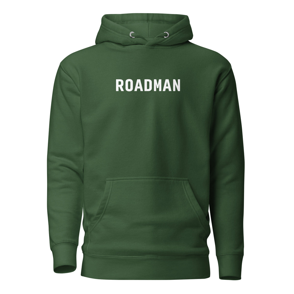 Forest Green hoodie, front view with white "ROADMAN" lettering.