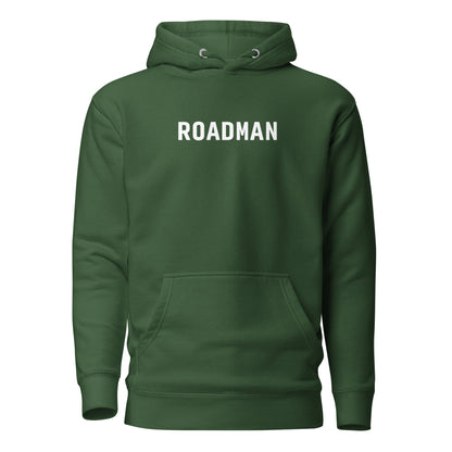 Forest Green hoodie, front view with white "ROADMAN" lettering.