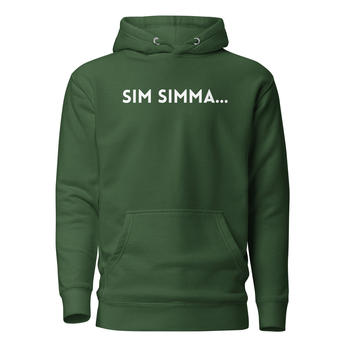 Forest Green hoodie, front view, with white 'SIM SIMMA...' lettering.