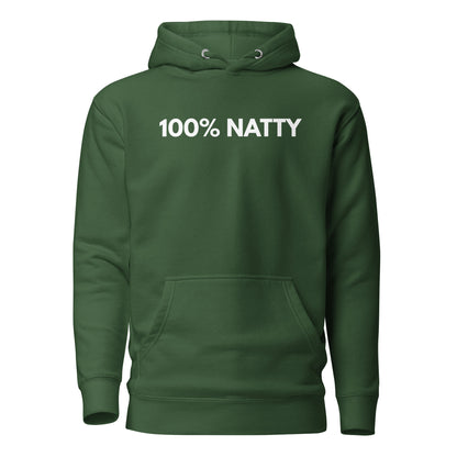 Forest Green hoodie with white 100% Natty lettering, front view.