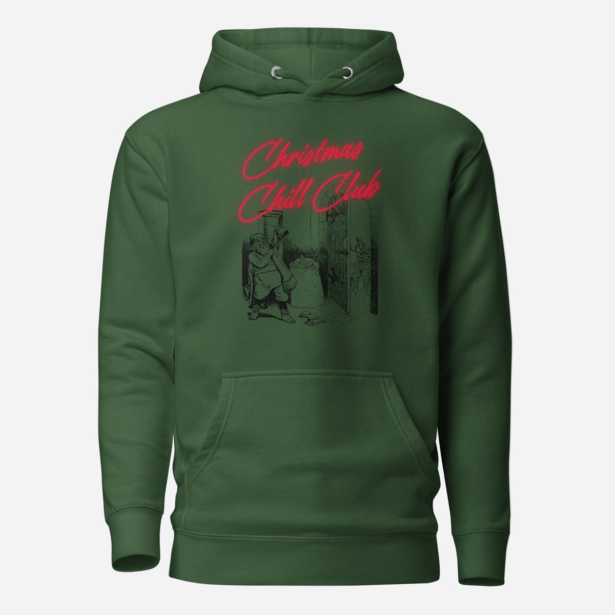 Forest Green hoodie, front view with a black-and-white Santa illustration and red "Christmas Chill Club" script.