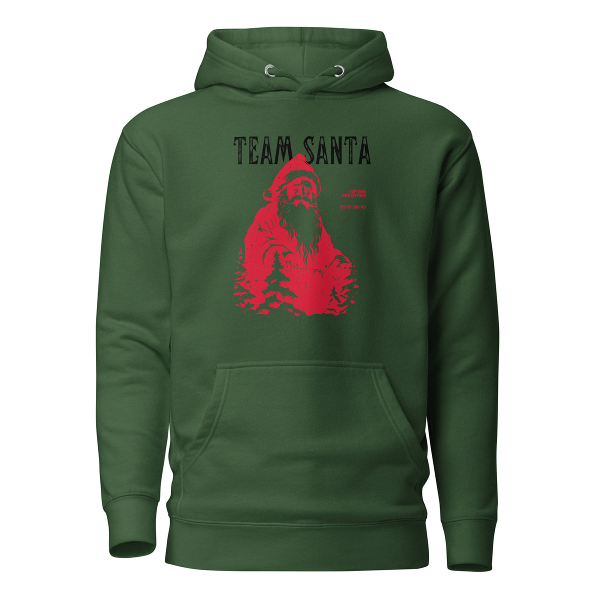 Forest Green hoodie, front view with a red Santa illustration and black "Team Santa" lettering.