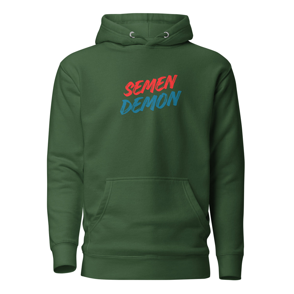 Forest Green hoodie with red and blue Semen Demon lettering, front view.