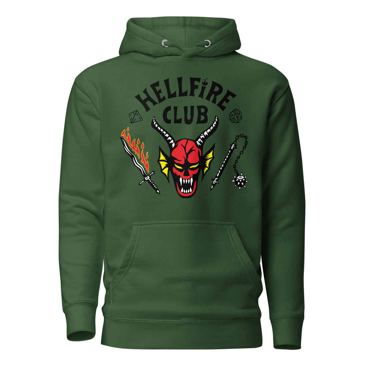 Forest Green hoodie, front view with Hellfire Club lettering and a red horned-face graphic.