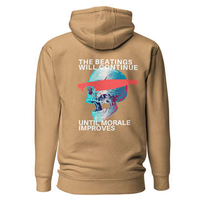 Khaki hoodie with a blue skull, red bar and The Beatings Will Continue text, back view.