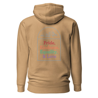 Khaki hoodie, back view with a mountain outline and colorful "Pride, Kindness, Equality, & Love" lettering.