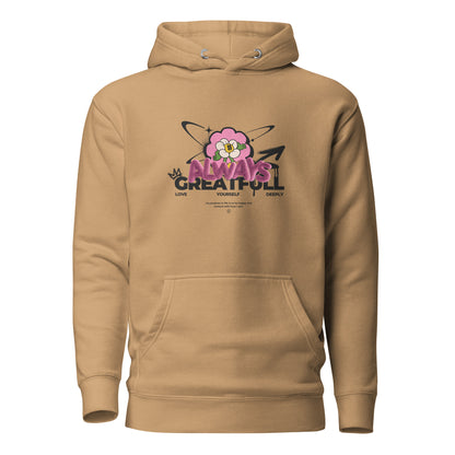 Khaki hoodie, front view, with a smiling pink flower and 'Always Grateful' lettering.